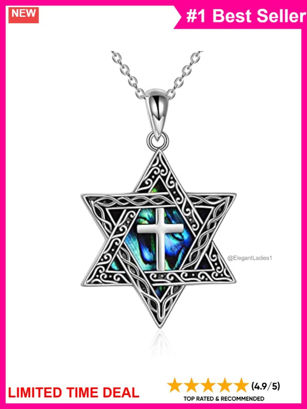 Sterling Silver Star of David Abalone Necklace 18in Rolo Chain
